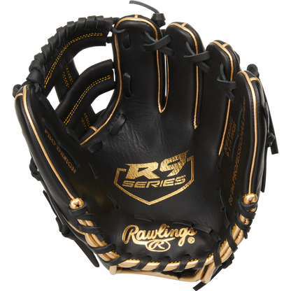 The Rawlings R9 9.5" Training Baseball Glove (R9TRBG) features a black design with gold accents, visible Rawlings branding on the palm and thumb, and is displayed against a white background—ideal for baseball training.