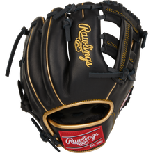 The Rawlings R9 9.5" Training Baseball Glove (R9TRBG) features black leather, gold stitching, dark laces, and a red Rawlings logo patch—ideal for trainers to hone baseball skills with style and comfort.