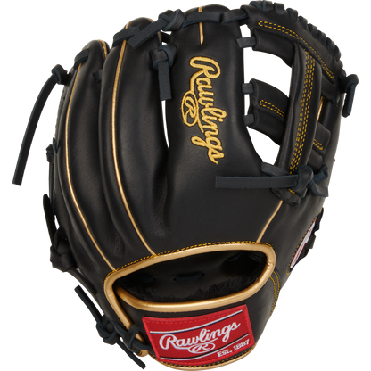 The Rawlings R9 9.5" Training Baseball Glove (R9TRBG) features black leather, gold stitching, dark laces, and a red Rawlings logo patch—ideal for trainers to hone baseball skills with style and comfort.
