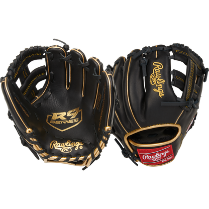 Two black Rawlings R9 9.5" Training Baseball Gloves (R9TRBG) with gold accents are displayed to show both the palm and back, featuring the Rawlings logo and built for serious baseball trainers.