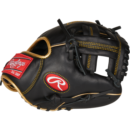 The Rawlings R9 9.5" Training Baseball Glove (R9TRBG) features black leather, yellow stitching, red accents, and an open web—ideal for any baseball trainer. Shown on a white background.