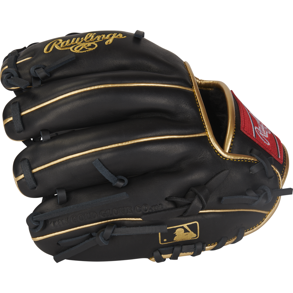 The Rawlings R9 9.5" Training Baseball Glove (R9TRBG) in black with gold trim, red patch, and tan interior is shown closed, highlighting detailed stitching and the Rawlings logo—ideal for precise baseball training.