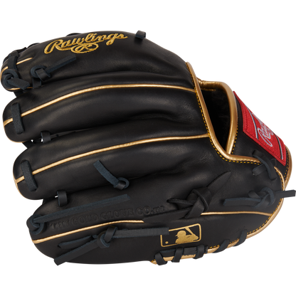 The Rawlings R9 9.5" Training Baseball Glove (R9TRBG) in black with gold trim, red patch, and tan interior is shown closed, highlighting detailed stitching and the Rawlings logo—ideal for precise baseball training.