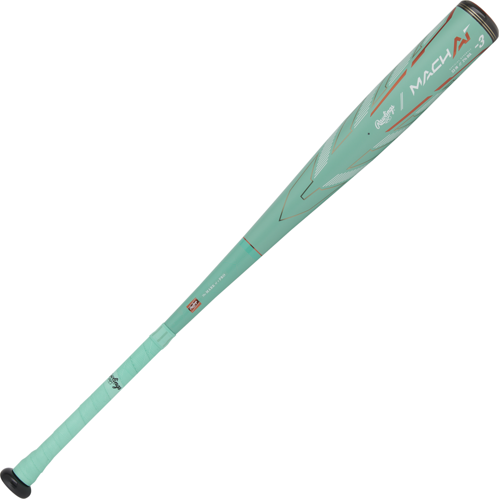 The 2024 Rawlings Mach AI (-3) BBCOR Baseball Bat (USED) features a teal alloy design with red and white accents, black knob and grip, and delivers advanced AI-powered performance to your game.