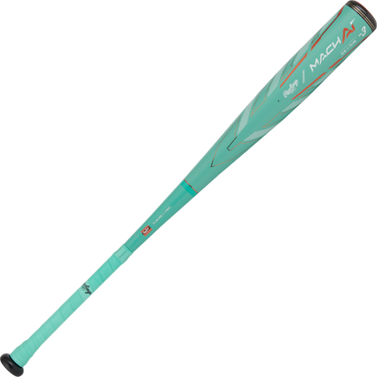 The 2024 Rawlings Mach AI (-3) BBCOR Baseball Bat (USED) features a teal alloy design with red and white accents, black knob and grip, and delivers advanced AI-powered performance to your game.