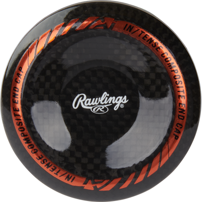 Close-up of the 2024 Rawlings Mach AI (-3) BBCOR Baseball Bat’s end cap, showcasing a black carbon fiber pattern with orange accents and “INTENSE COMPOSITE END CAP” text. Brand: Rawlings. Model: RBB4MC3 (USED).