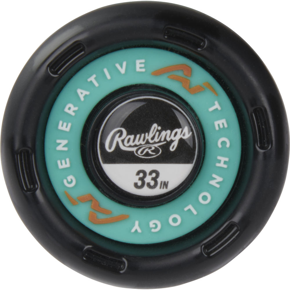 Close-up of the end cap of a Rawlings 2024 Mach AI (-3) BBCOR Baseball Bat (USED), displaying the Rawlings logo, 33-inch length, and "Generative AI Technology" text on its teal and black design.