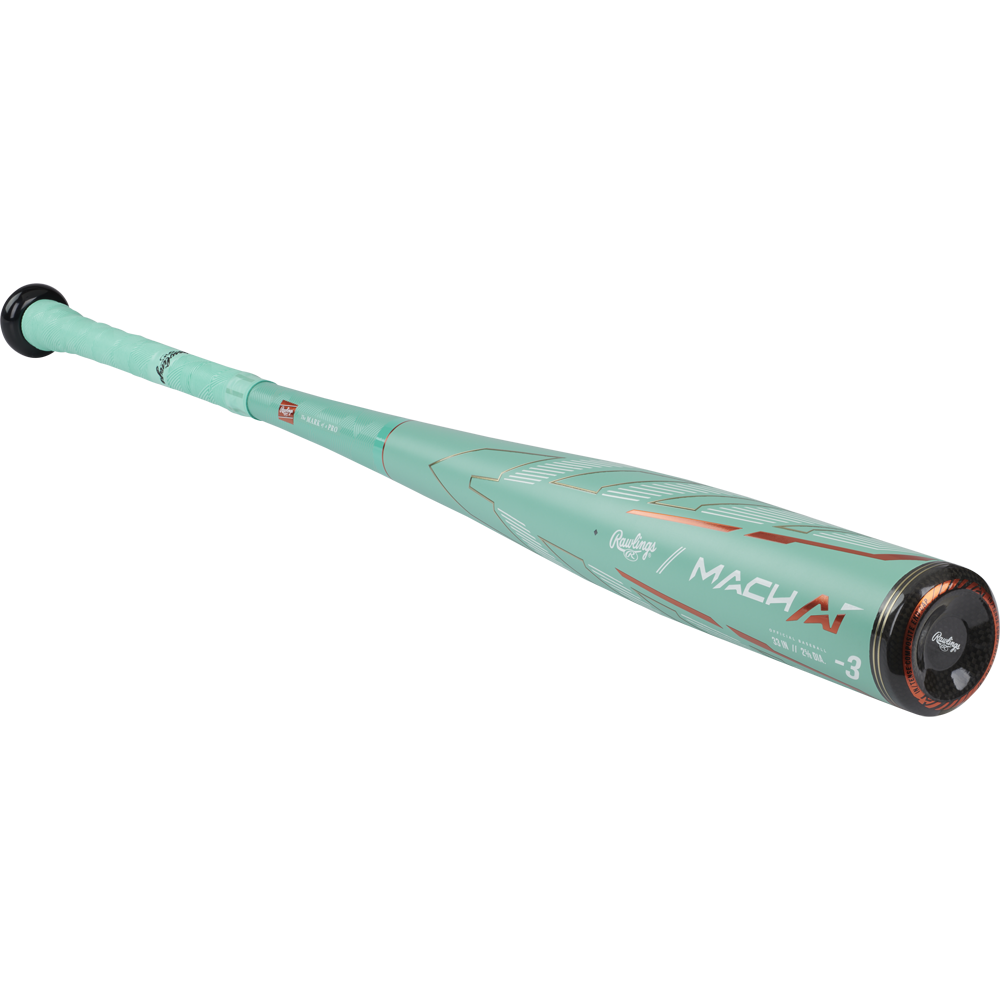 The 2024 Rawlings Mach AI (-3) BBCOR Baseball Bat (RBB4MC3) is shown at an angle, its teal barrel with black and red accents highlighting the sleek, advanced alloy design of this used Rawlings bat.
