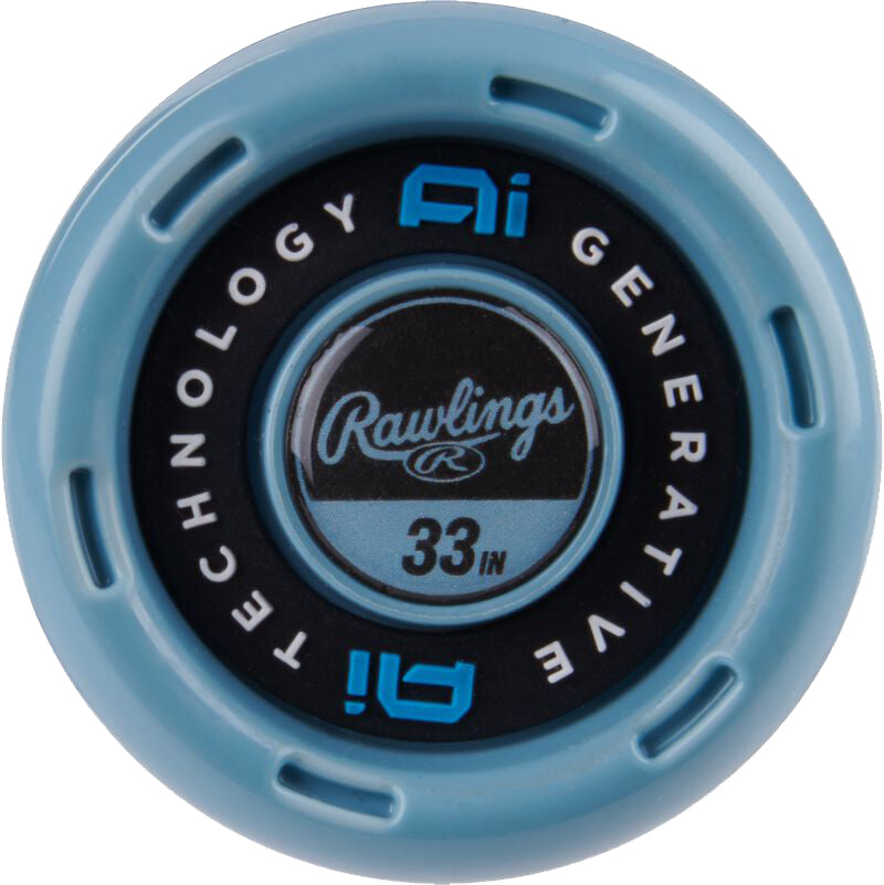 Close-up of a circular blue and black bat knob with the Rawlings logo, 33 IN, and “Ai TECHNOLOGY”—highlighting the used 2025 Rawlings Clout AI (-3) BBCOR Baseball Bat: RBB5C3, engineered with advanced artificial intelligence.