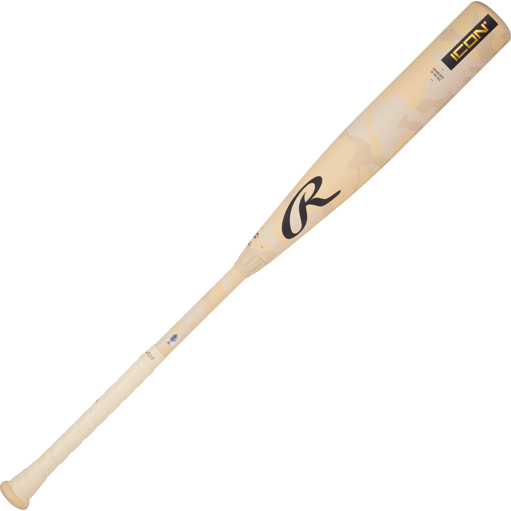 A 2025 Rawlings Icon (-3) BBCOR Baseball Bat: RB5I3 (DEMO) in beige with a white grip, featuring the Rawlings logo and "ICON" near the barrel, is displayed on a plain white background.