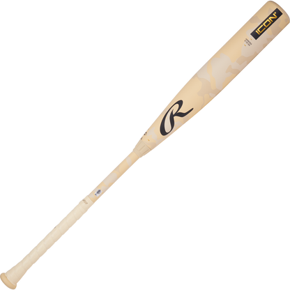 A 2025 Rawlings Icon (-3) BBCOR Baseball Bat: RB5I3 (DEMO) in beige with a white grip, featuring the Rawlings logo and "ICON" near the barrel, is displayed on a plain white background.