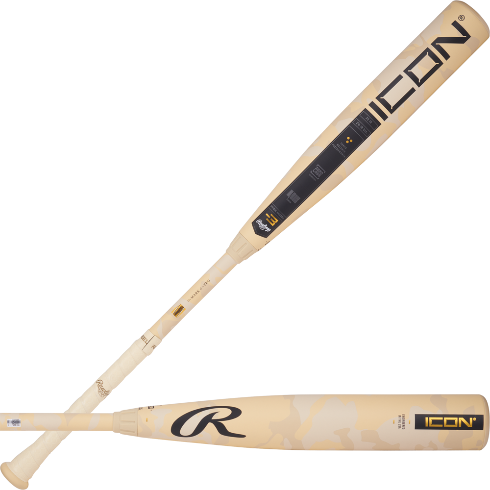 Two tan 2025 Rawlings Icon (-3) BBCOR baseball bats (DEMO), one horizontal and one diagonal, with black and gold branding and a camouflage barrel.