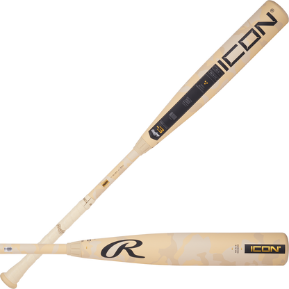 Two tan 2025 Rawlings Icon (-3) BBCOR baseball bats (DEMO), one horizontal and one diagonal, with black and gold branding and a camouflage barrel.