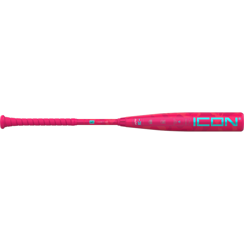 The 2025 Rawlings Icon Electric Unicorn (-3) BBCOR Baseball Bat features a bright pink composite design, matching pink grip, and bold teal and white "ICON" lettering on the barrel.