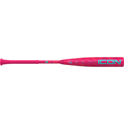 The 2025 Rawlings Icon Electric Unicorn (-3) BBCOR Baseball Bat features a bright pink composite design, matching pink grip, and bold teal and white "ICON" lettering on the barrel.