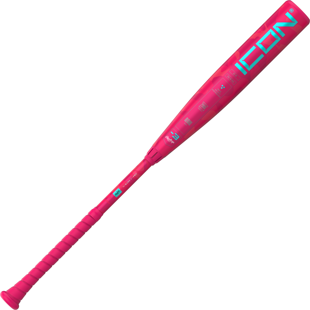 The 2025 Rawlings Icon Electric Unicorn (-3) BBCOR Baseball Bat (RBB5IPK3) features a bright pink design with turquoise ICON lettering and a textured grip, shown on a white background.
