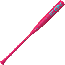 The 2025 Rawlings Icon Electric Unicorn (-3) BBCOR Baseball Bat (RBB5IPK3) features a bright pink design with turquoise ICON lettering and a textured grip, shown on a white background.