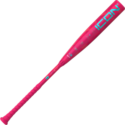 The 2025 Rawlings Icon Electric Unicorn (-3) BBCOR Baseball Bat (RBB5IPK3) features a bright pink design with turquoise ICON lettering and a textured grip, shown on a white background.