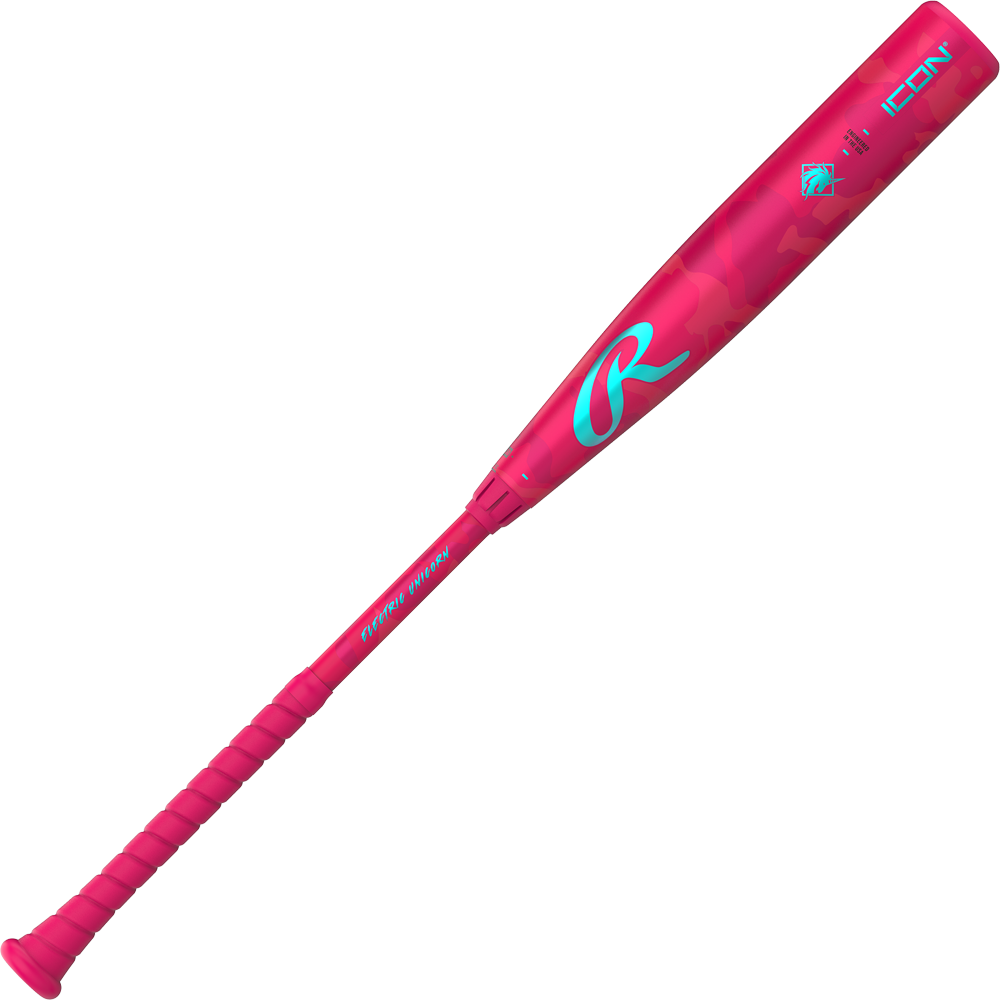 The 2025 Rawlings Icon Electric Unicorn (-3) BBCOR Baseball Bat (RBB5IPK3) features a bright pink design with blue accents, a large R logo, wrapped grip, and the word ICON near the barrel.
