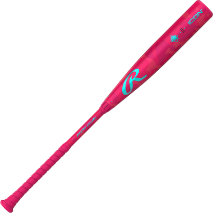 The 2025 Rawlings Icon Electric Unicorn (-3) BBCOR Baseball Bat (RBB5IPK3) features a bright pink design with blue accents, a large R logo, wrapped grip, and the word ICON near the barrel.