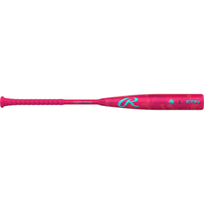 The 2025 Rawlings Icon Electric Unicorn (-3) BBCOR Baseball Bat (RBB5IPK3) features a bright pink design with a teal R logo, "ICON" on the barrel, a matching pink grip, and subtle star accents.
