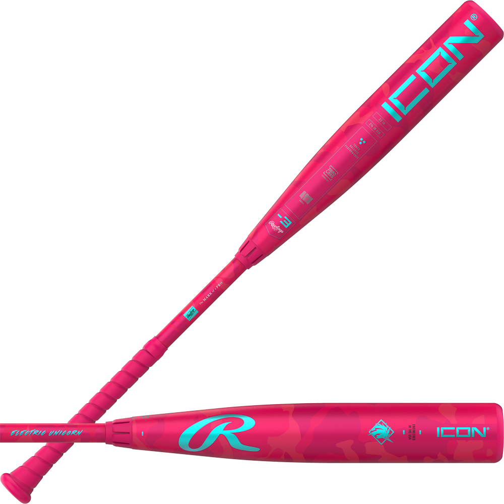 Two pink Rawlings BBCOR bats with blue accents, one featuring "ICON" in bold and the other displaying a stylized R logo and 2025 Rawlings Icon branding. Textured handles provide grip on these 2025 Rawlings Icon Electric Unicorn bats.