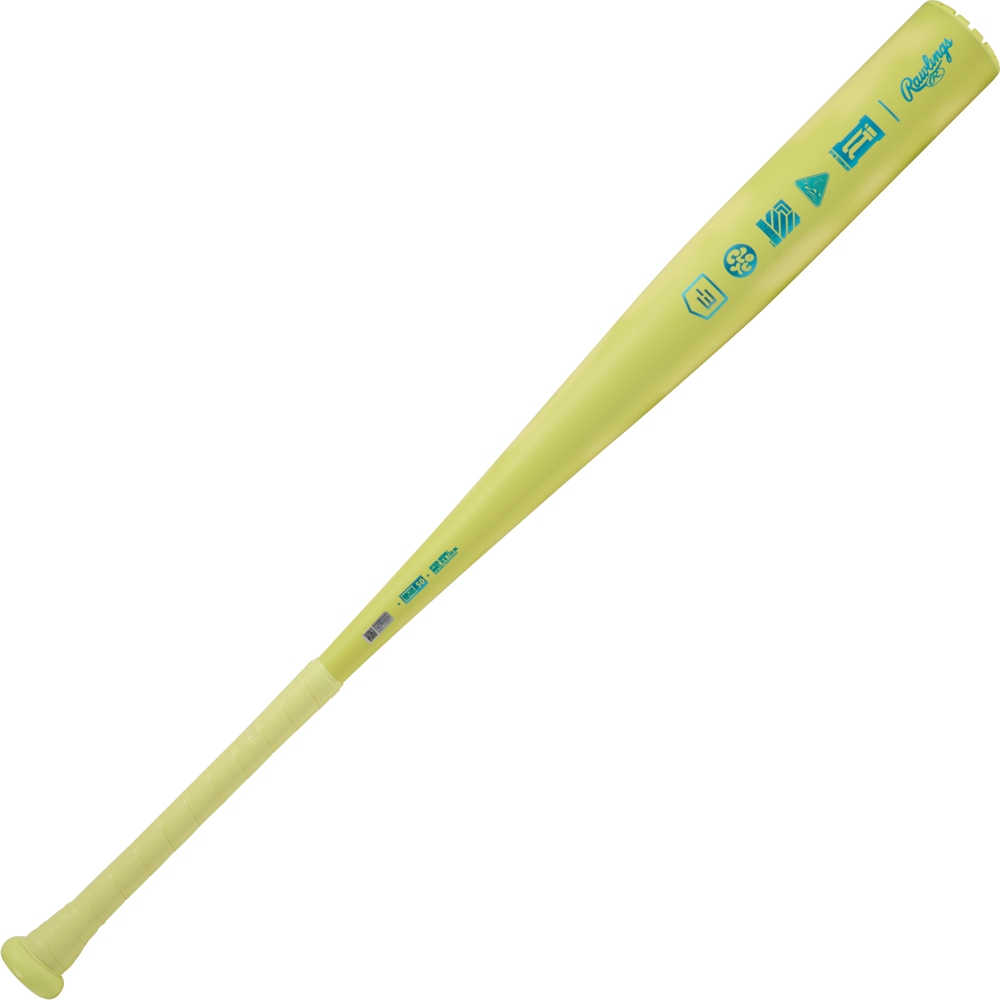 The 2026 Rawlings Clout AI (-3) BBCOR Baseball Bat (RBB6C3 DEMO) features a light yellow design with teal graphics and logos on the barrel, plus a textured grip handle.