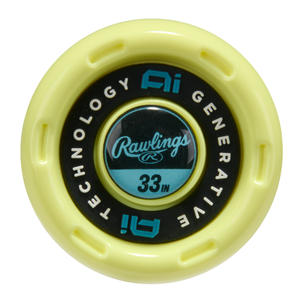 A close-up of the circular yellow end cap on the 2026 Rawlings Clout AI (-3) BBCOR Baseball Bat: RBB6C3 (DEMO), showing "Generative Ai Technology" and "33 IN," with blue and black accents from the Rawlings brand.