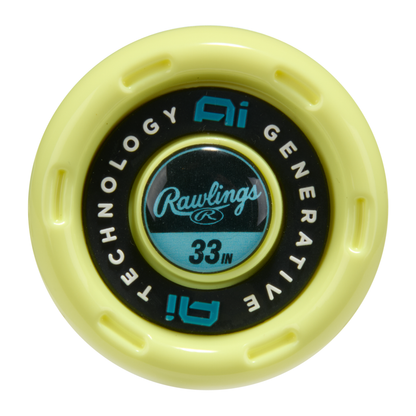 A close-up of the circular yellow end cap on the 2026 Rawlings Clout AI (-3) BBCOR Baseball Bat: RBB6C3 (DEMO), showing "Generative Ai Technology" and "33 IN," with blue and black accents from the Rawlings brand.