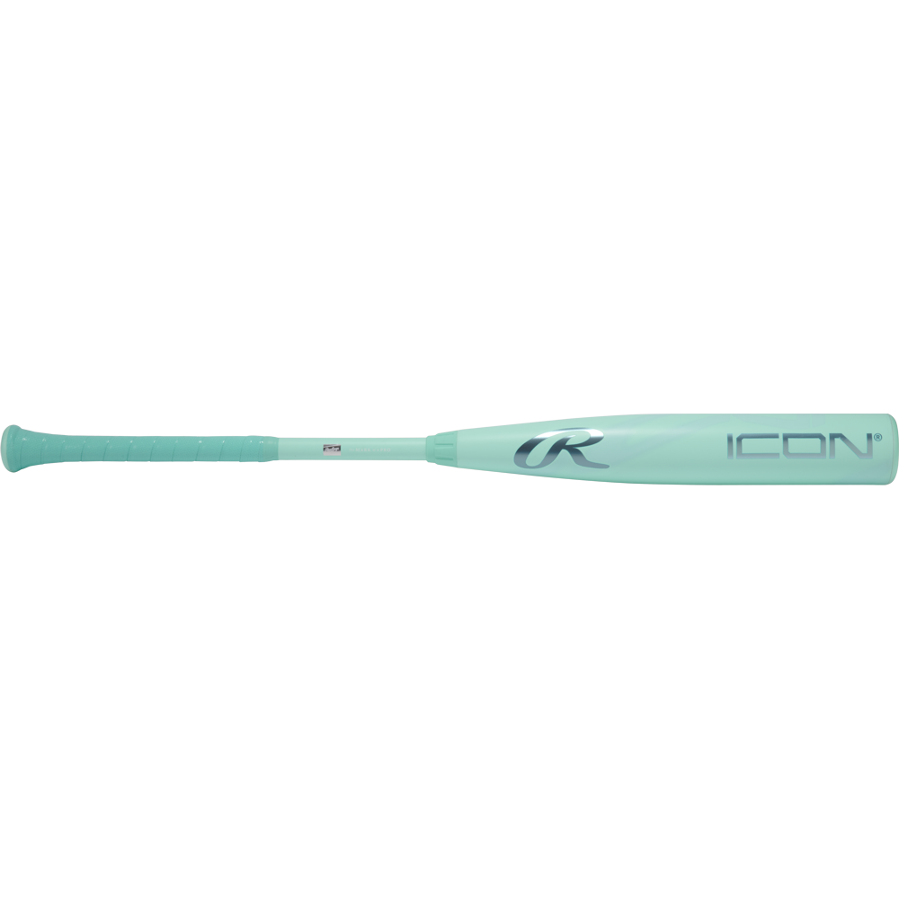 The 2026 Rawlings Icon (-3) BBCOR Baseball Bat: RBB6I3 (DEMO) features a light turquoise finish, textured grip, ICON branding with stylized R logo, and a modern carbon composite design for elite performance.