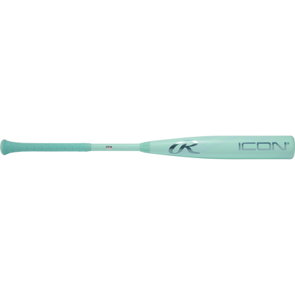 The 2026 Rawlings Icon (-3) BBCOR Baseball Bat: RBB6I3 (DEMO) features a light turquoise finish, textured grip, ICON branding with stylized R logo, and a modern carbon composite design for elite performance.
