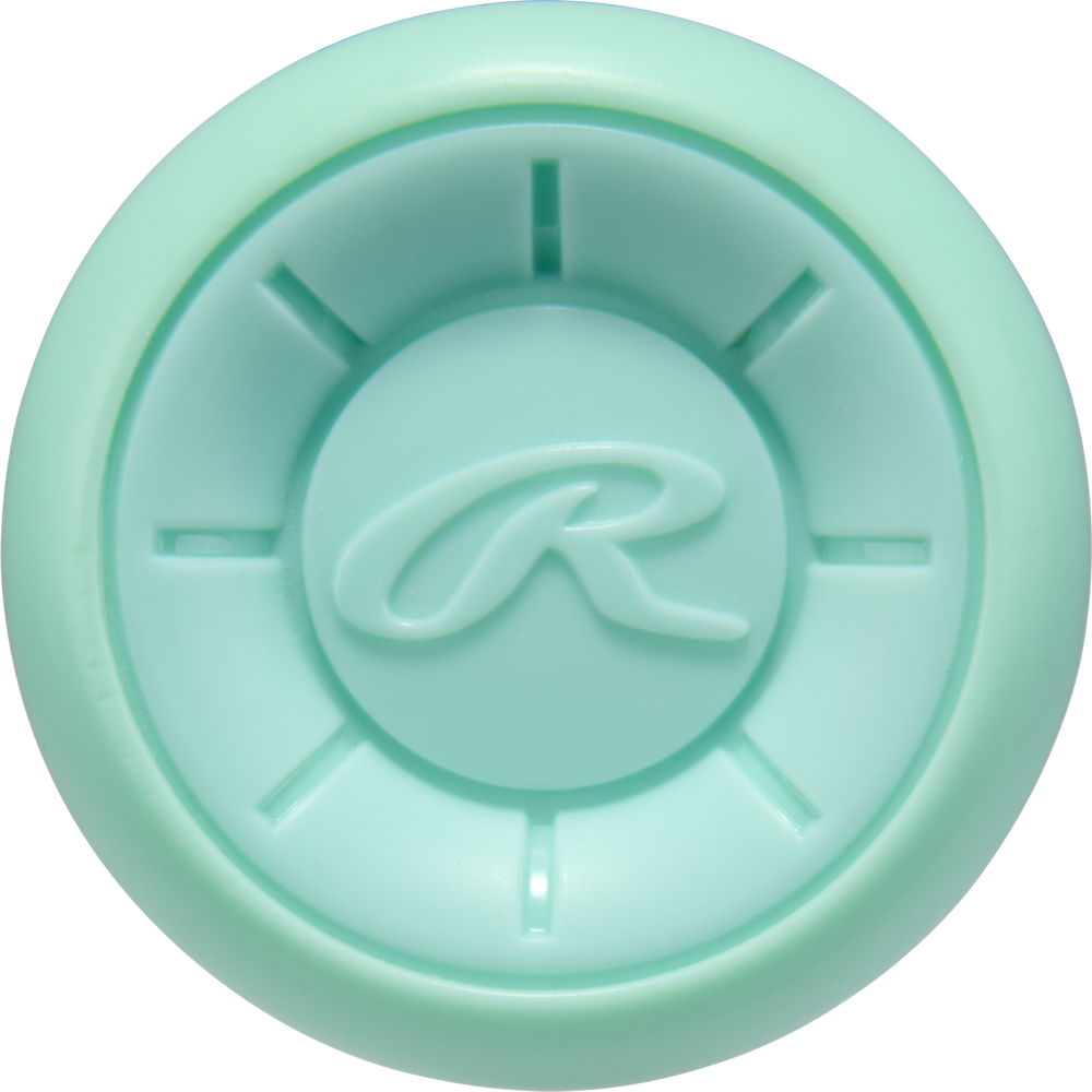 A round, light teal object with indented lines radiating from the center and a raised script R in the middle, resembling the end cap of the 2026 Rawlings Icon (-3) BBCOR Baseball Bat: RBB6I3 (DEMO).