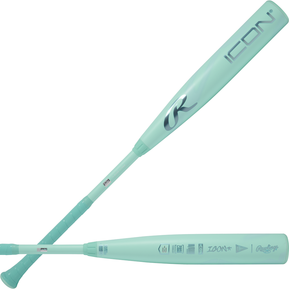 Two 2026 Rawlings Icon (-3) BBCOR Baseball Bats (RBB6I3 DEMO) are displayed on a white background—one flat, one angled—to showcase their mint green carbon composite build with silver Rawlings logos and text.