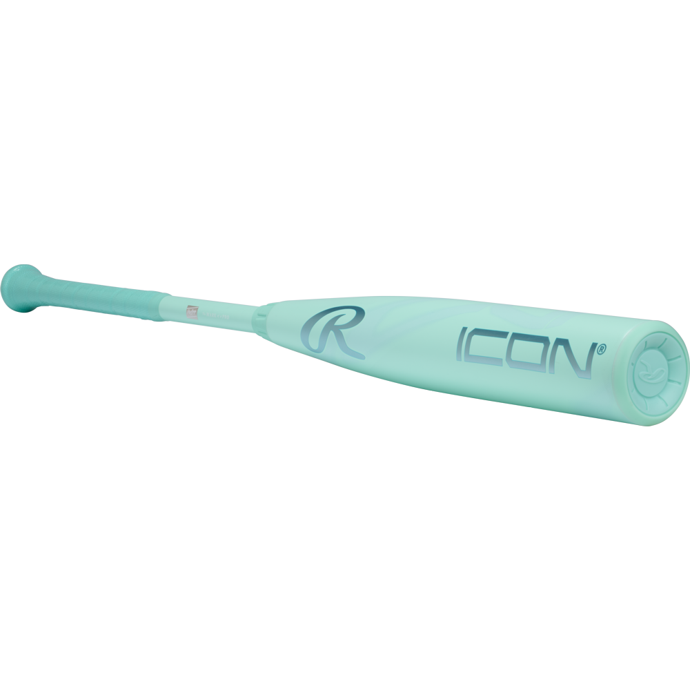 The 2026 Rawlings Icon (-3) BBCOR Baseball Bat: RBB6I3 (DEMO) boasts a light blue carbon composite design with the word ICON and stylized R logo, plus a matching blue grip and end cap—built for serious players seeking exceptional performance.
