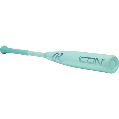 The 2026 Rawlings Icon (-3) BBCOR Baseball Bat: RBB6I3 (DEMO) boasts a light blue carbon composite design with the word ICON and stylized R logo, plus a matching blue grip and end cap—built for serious players seeking exceptional performance.