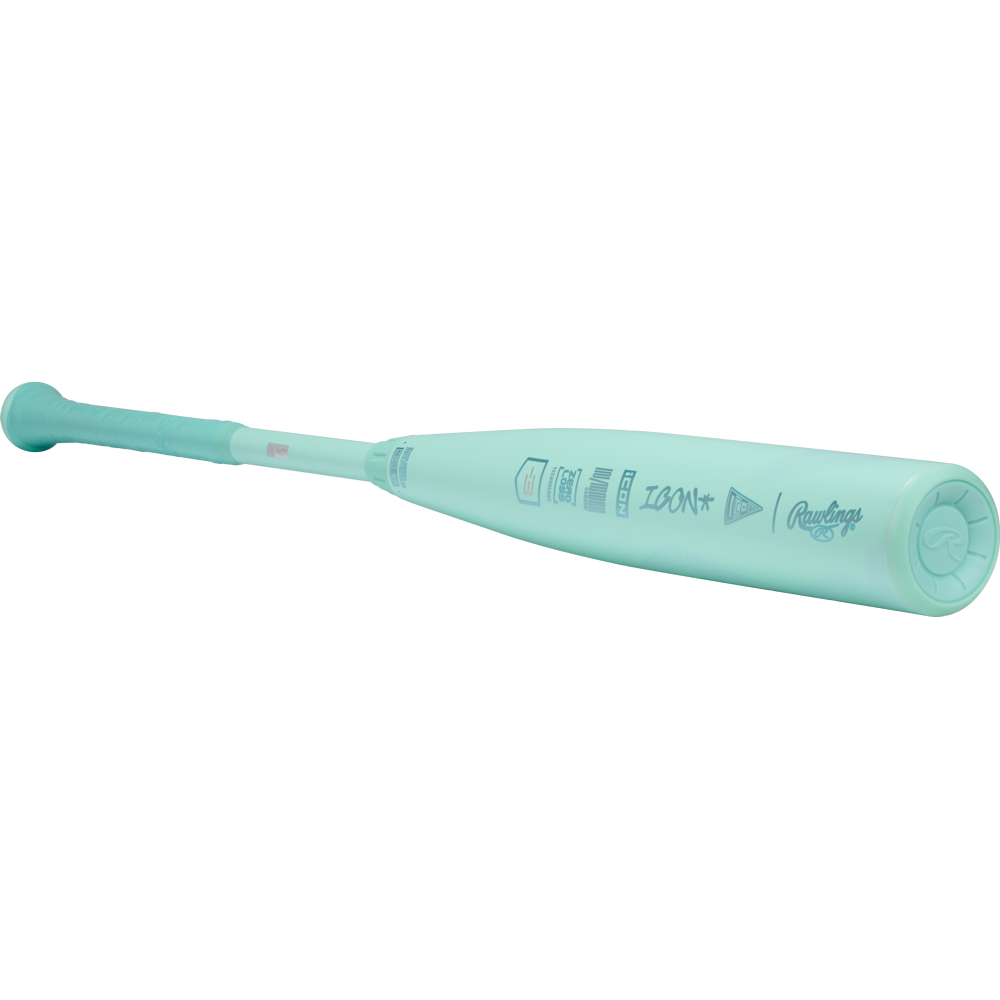 A 2026 Rawlings Icon (-3) BBCOR Baseball Bat: RBB6I3 (DEMO) in light teal is angled on a white background, handle left, with visible logos and markings.