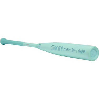 A 2026 Rawlings Icon (-3) BBCOR Baseball Bat: RBB6I3 (DEMO) in light teal is angled on a white background, handle left, with visible logos and markings.