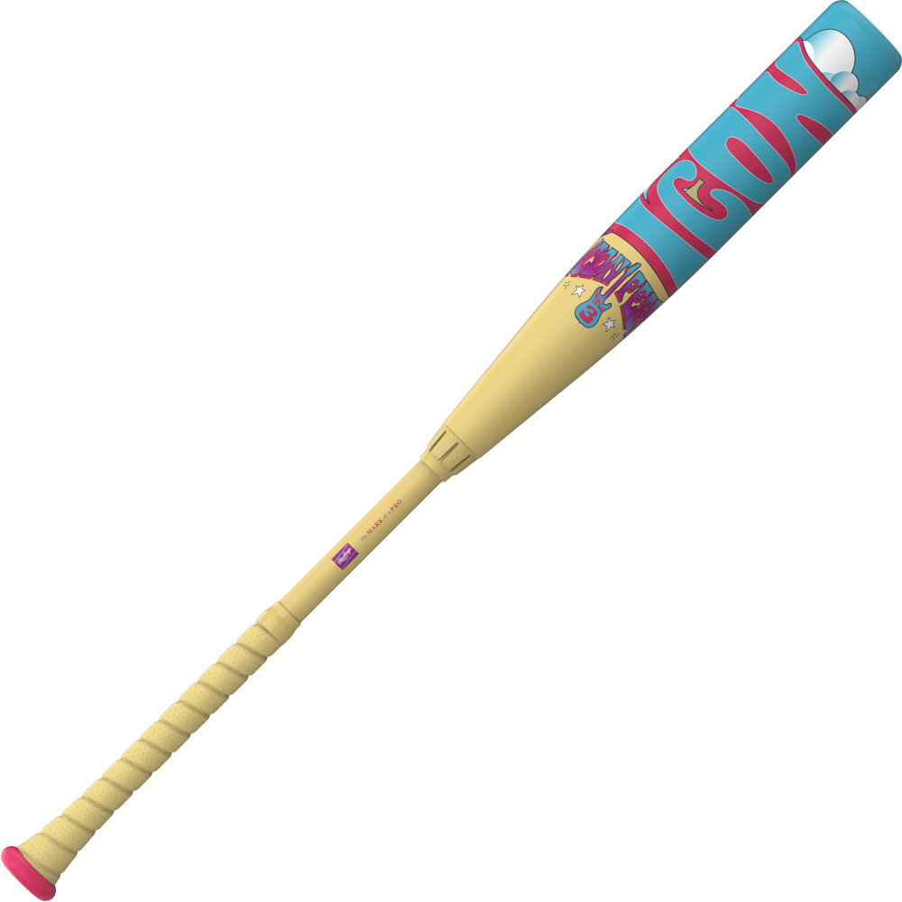 The 2026 Rawlings Icon Fest (-3) BBCOR Baseball Bat (RBB6IFT3) features a yellow handle, blue barrel, pink tip, and playful cloud and cartoon designs—perfect for fans of standout style.