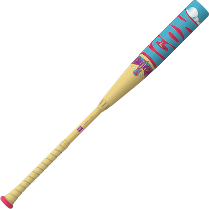 The 2026 Rawlings Icon Fest (-3) BBCOR Baseball Bat (RBB6IFT3) features a yellow handle, blue barrel, pink tip, and playful cloud and cartoon designs—perfect for fans of standout style.