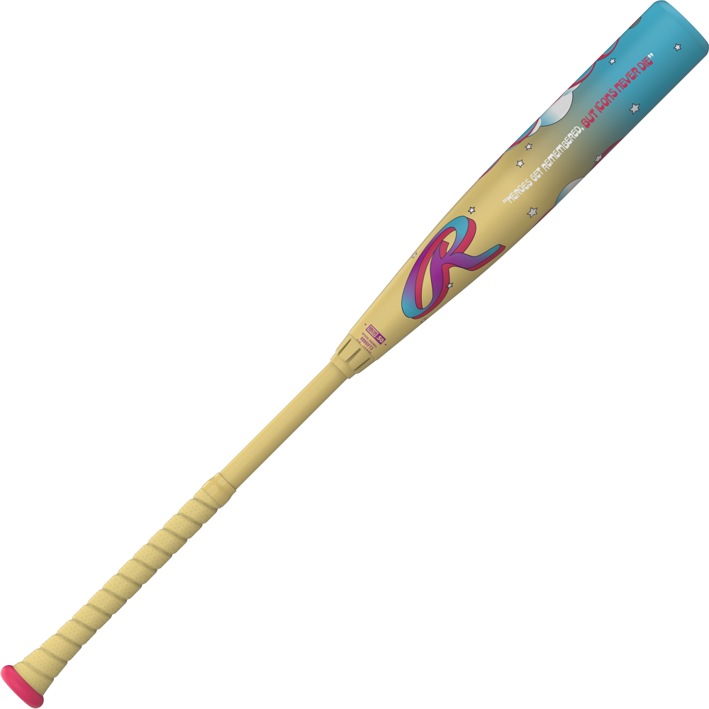 The 2026 Rawlings Icon Fest (-3) BBCOR Baseball Bat (RBB6IFT3) features a beige handle and lower barrel, pink grip, and blue upper barrel with stars and a large pink R—a colorful, playful design from Rawlings.