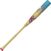 The 2026 Rawlings Icon Fest (-3) BBCOR Baseball Bat (RBB6IFT3) features a beige handle and lower barrel, pink grip, and blue upper barrel with stars and a large pink R—a colorful, playful design from Rawlings.