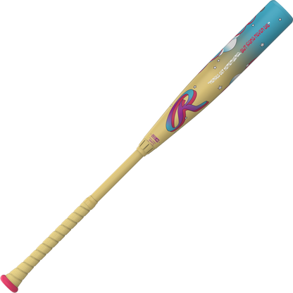 The 2026 Rawlings Icon Fest (-3) BBCOR Baseball Bat (RBB6IFT3) features a beige handle and lower barrel, pink grip, and blue upper barrel with stars and a large pink R—a colorful, playful design from Rawlings.