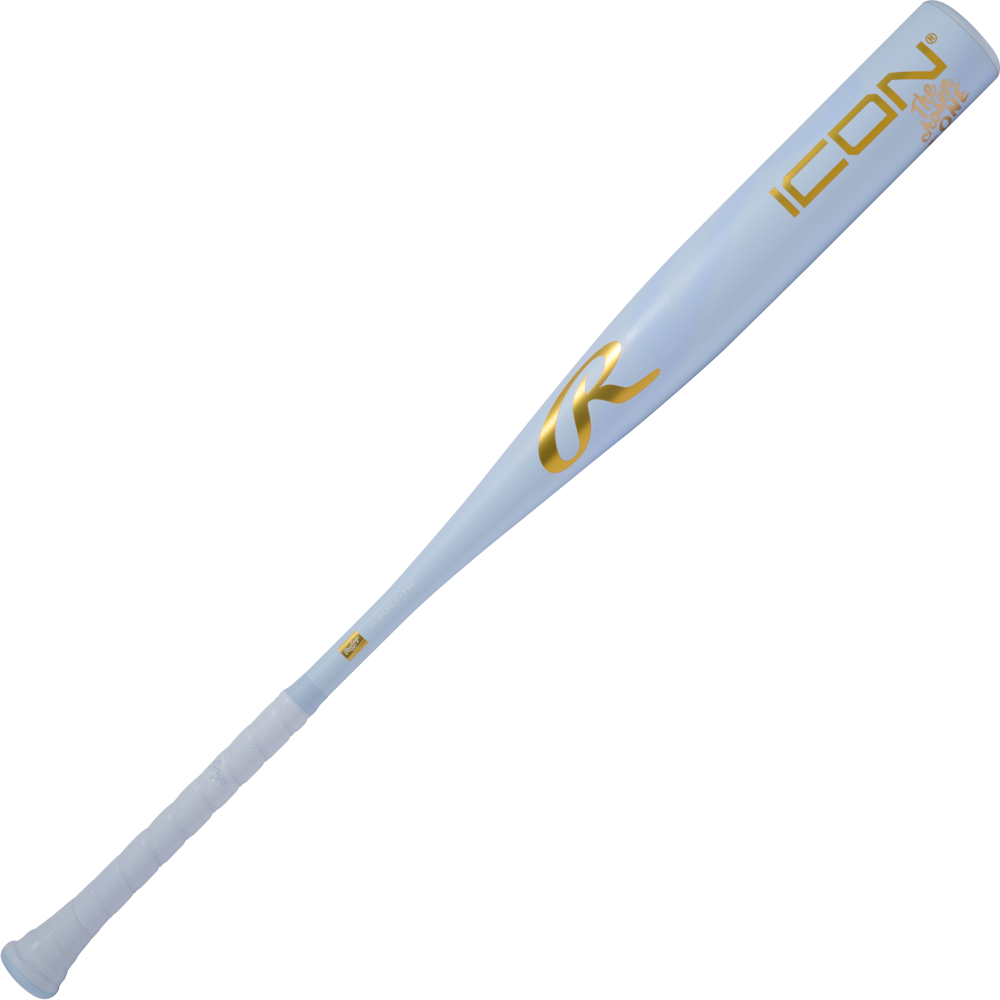 The 2026 Rawlings Icon The Chosen One (-3) BBCOR Baseball Bat (RBB6IONE3) features a light blue design with gold ICON and R logos, a white-wrapped handle, and a sleek, modern look.