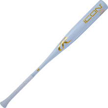 The 2026 Rawlings Icon The Chosen One (-3) BBCOR Baseball Bat (RBB6IONE3) features a light blue design with gold ICON and R logos, a white-wrapped handle, and a sleek, modern look.