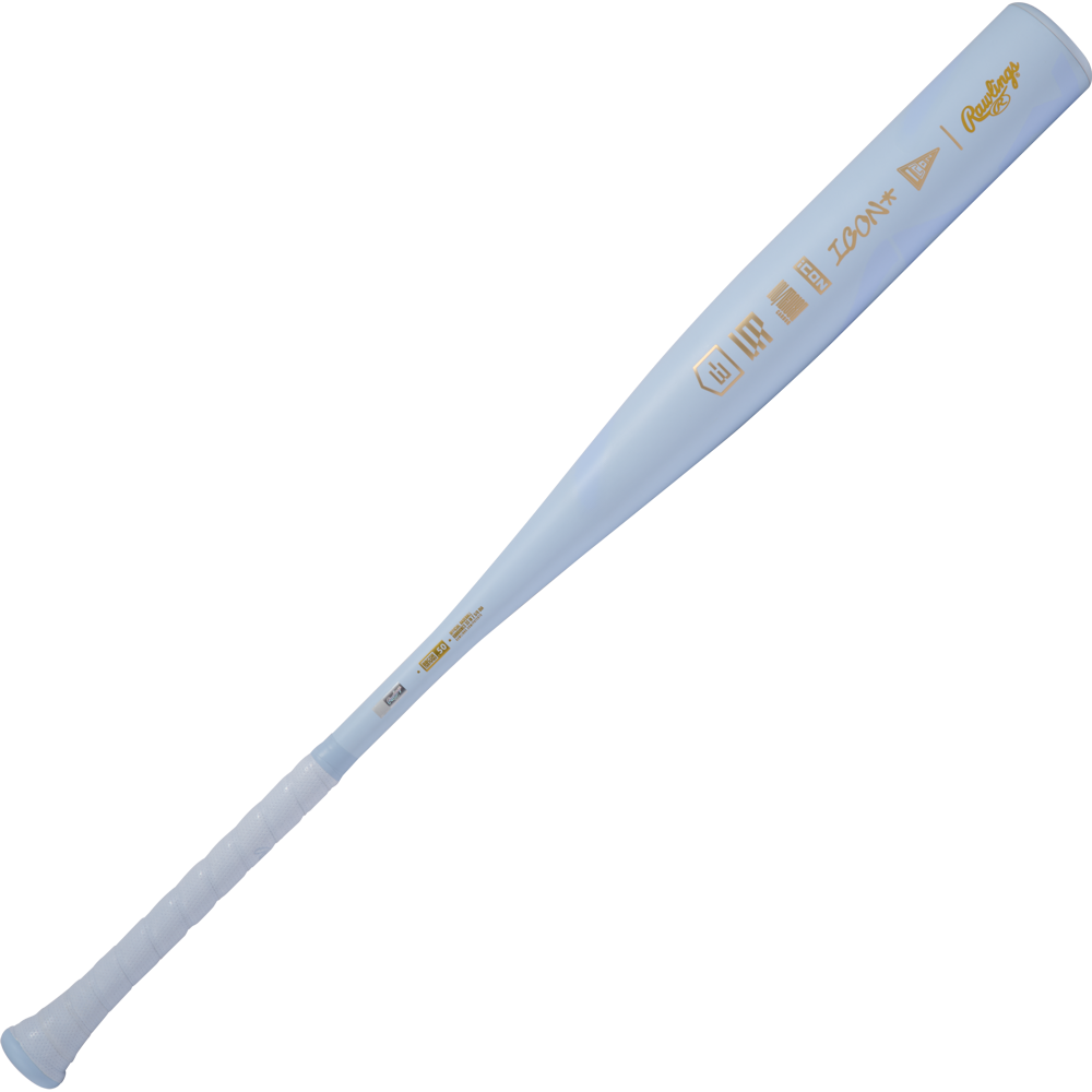The 2026 Rawlings Icon The Chosen One (-3) BBCOR Baseball Bat (RBB6IONE3) features a light blue finish with gold branding, wrapped grip handle, and tapered barrel, displayed against a plain white background.