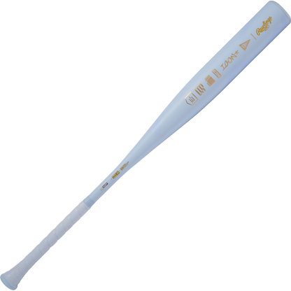 The 2026 Rawlings Icon The Chosen One (-3) BBCOR Baseball Bat (RBB6IONE3) features a light blue finish with gold branding, wrapped grip handle, and tapered barrel, displayed against a plain white background.