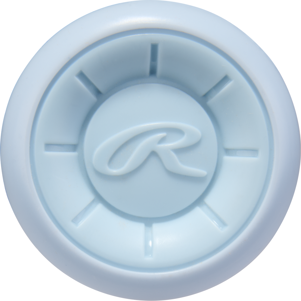 A light blue, circular knob with a raised R and radiating embossed lines, like the endcap of the Rawlings 2026 Icon The Chosen One (-3) BBCOR Baseball Bat (RBB6IONE3), featuring a thick, rounded edge.