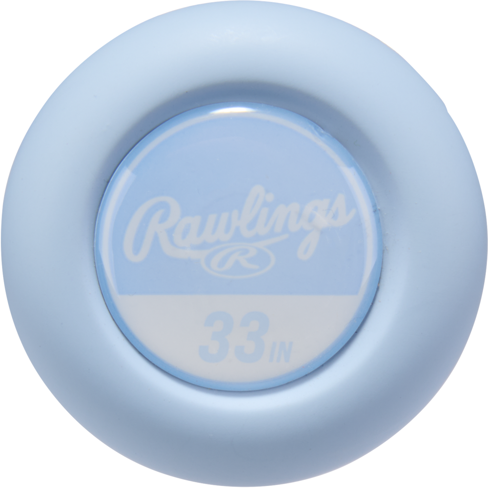A light blue circular knob with the Rawlings logo and "33 IN" in white marks the end cap of the 2026 Rawlings Icon The Chosen One (-3) BBCOR Baseball Bat (RBB6IONE3), indicating it's a 33-inch Rawlings composite bat.