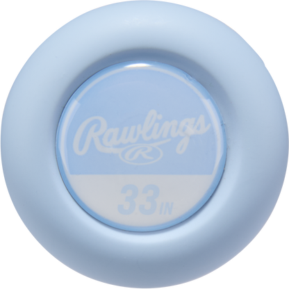 A light blue circular knob with the Rawlings logo and "33 IN" in white marks the end cap of the 2026 Rawlings Icon The Chosen One (-3) BBCOR Baseball Bat (RBB6IONE3), indicating it's a 33-inch Rawlings composite bat.