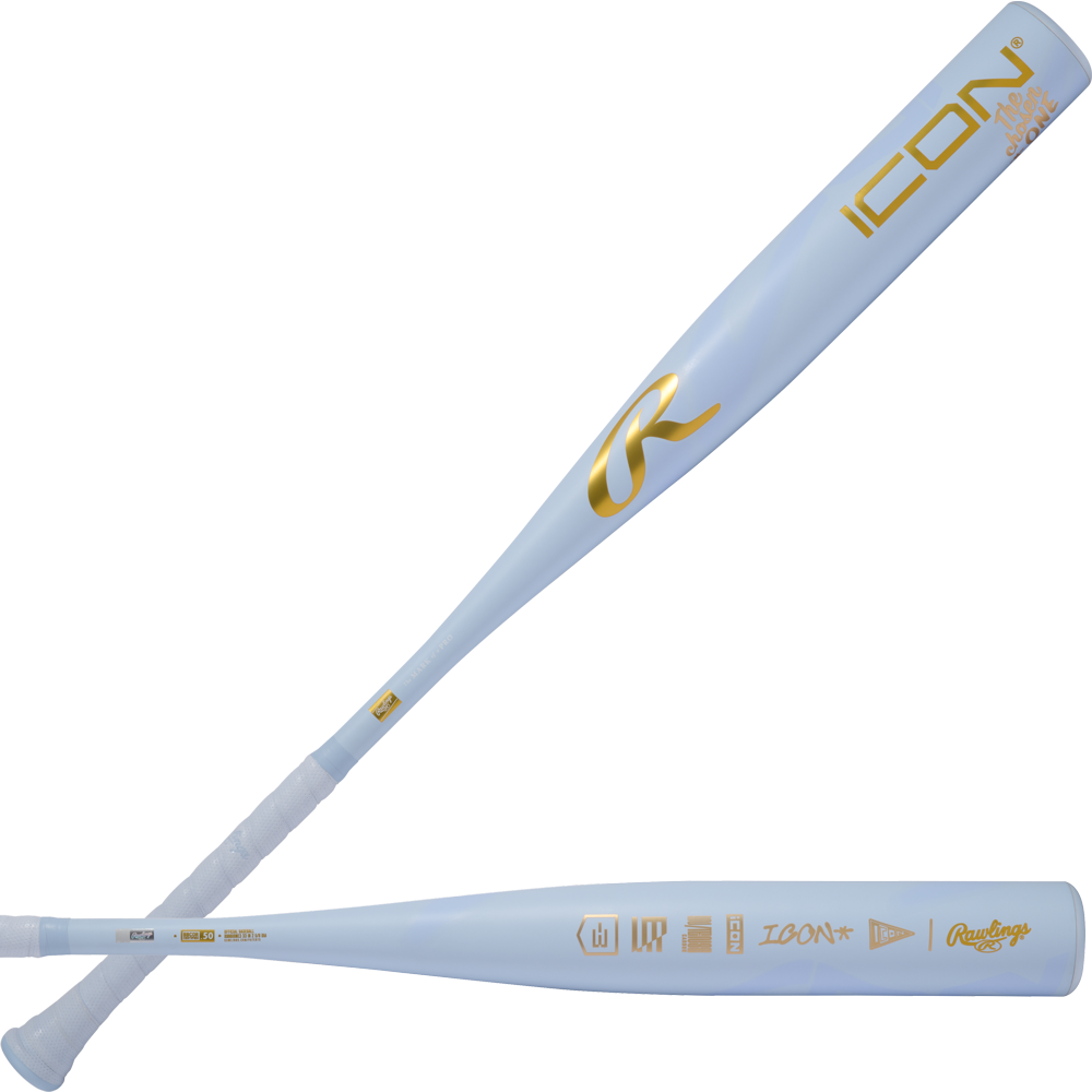 A light blue 2026 Rawlings Icon The Chosen One (-3) BBCOR Baseball Bat (RBB6IONE3) featuring gold lettering and logos, shown from two angles to highlight the handle and barrel details.